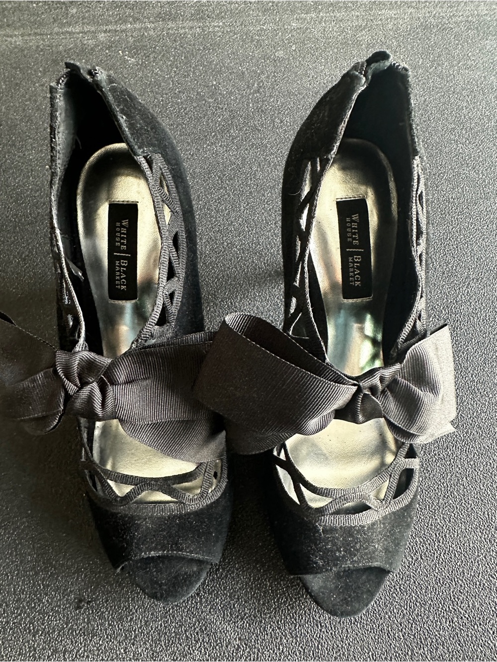White House Black Market Black Suede Bow Peep-Toe Heels